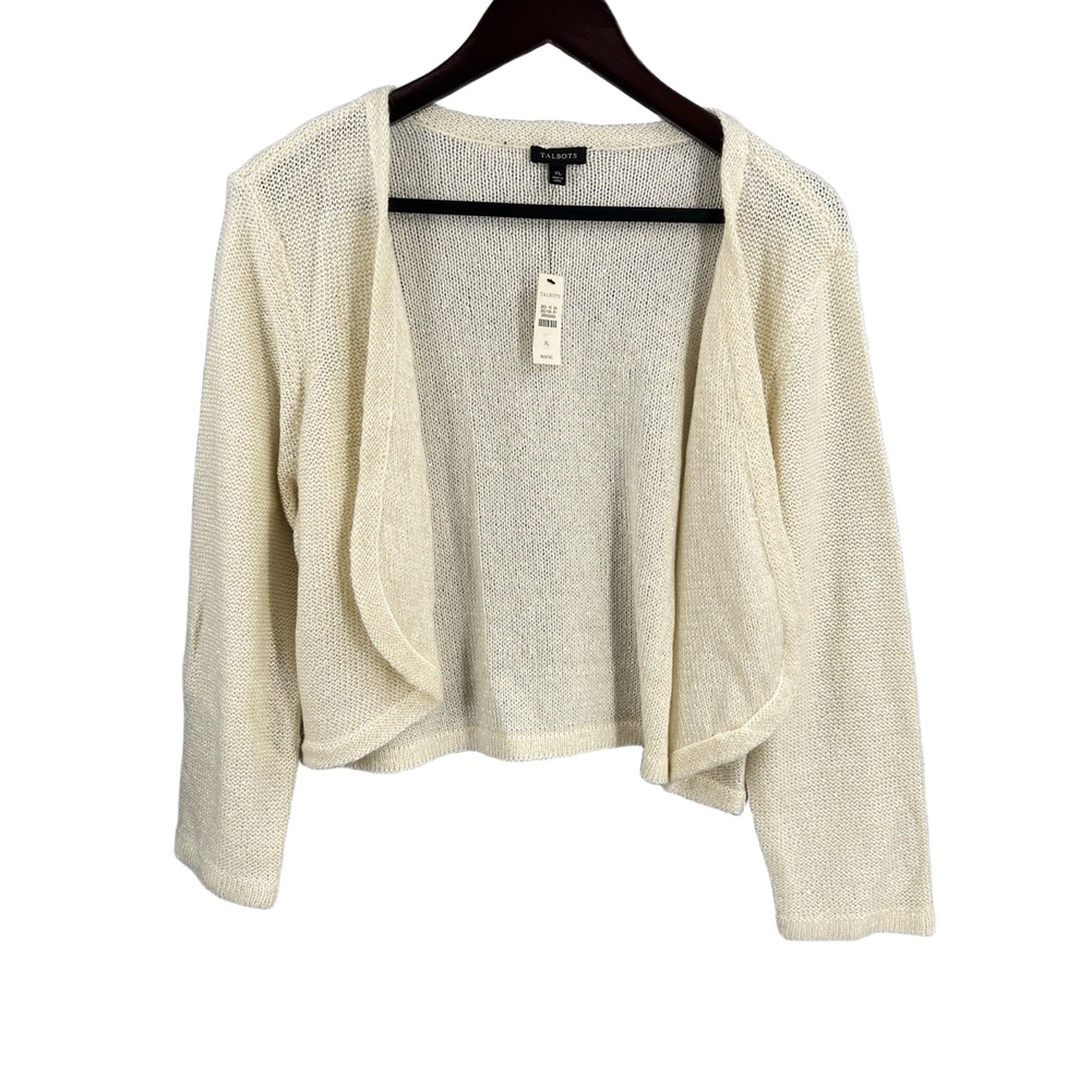 Talbots Cardigan Sweater Cream Open Front Sequin Detail Long Sleeve XL New